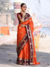 Banarasee Handloom Semi Silk Saree With Buta Design & Contrast Broad Border-Orange & Deep Maroon