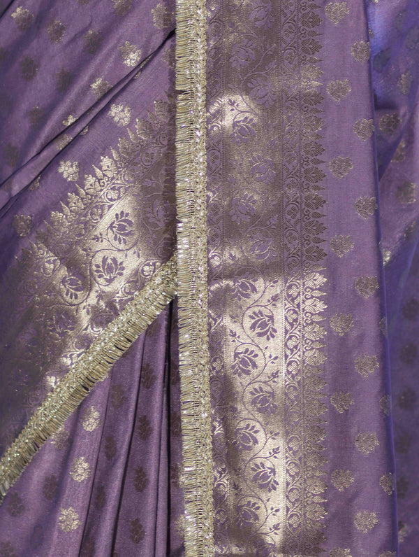 Banarasee Handloom Semi Silk Saree With Zari Buti Design & Lace Border-Lilac