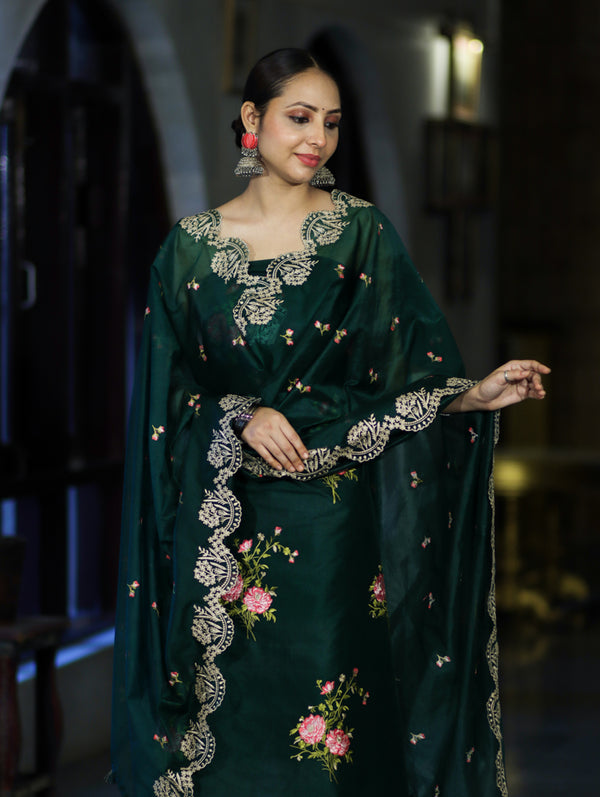 Banarasee Resham Embroidered Chanderi Salwar Kameez With Organza Dupatta Set-Green