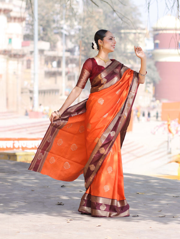 Banarasee Handloom Semi Silk Saree With Buta Design & Contrast Broad Border-Orange & Deep Maroon