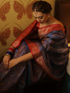 Banarasee Handwoven Semi-Katan Tanchoi Weaving Floral Border Saree-Blue & Red