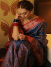 Banarasee Handwoven Semi-Katan Tanchoi Weaving Floral Border Saree-Blue & Red