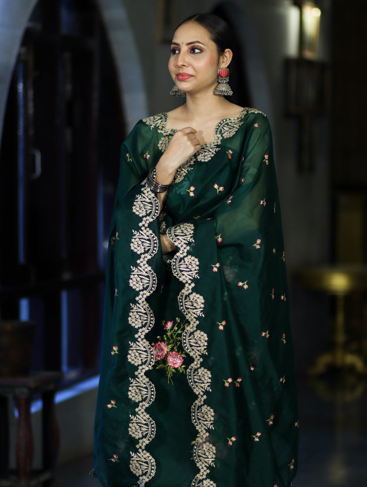 Banarasee Resham Embroidered Chanderi Salwar Kameez With Organza Dupatta Set-Green