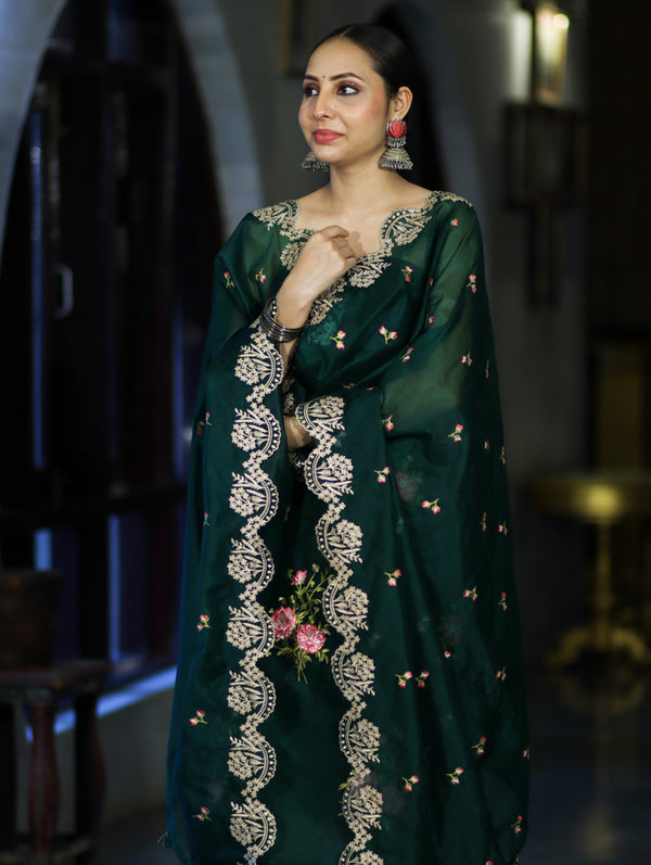 Banarasee Resham Embroidered Chanderi Salwar Kameez With Organza Dupatta Set-Green