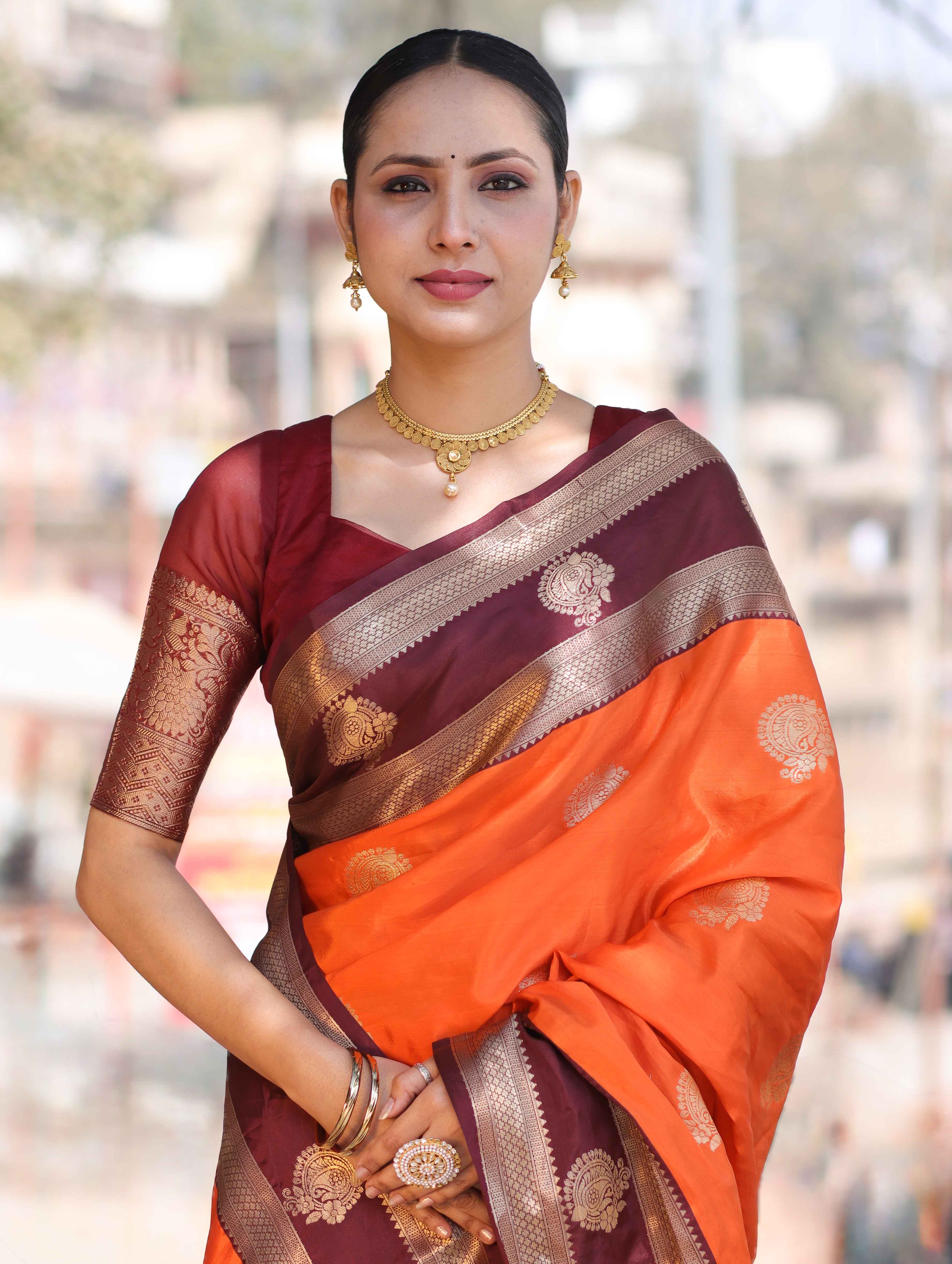 Banarasee Handloom Semi Silk Saree With Buta Design & Contrast Broad Border-Orange & Deep Maroon