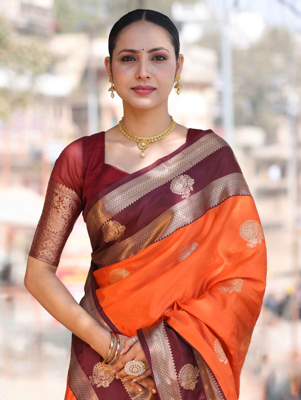 Banarasee Handloom Semi Silk Saree With Buta Design & Contrast Broad Border-Orange & Deep Maroon