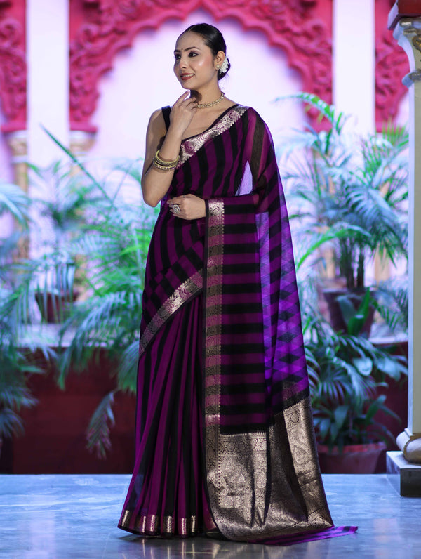 Banarasee Cotton Silk Saree With Stripes Pattern & Floral Zari Border-Violet & Black