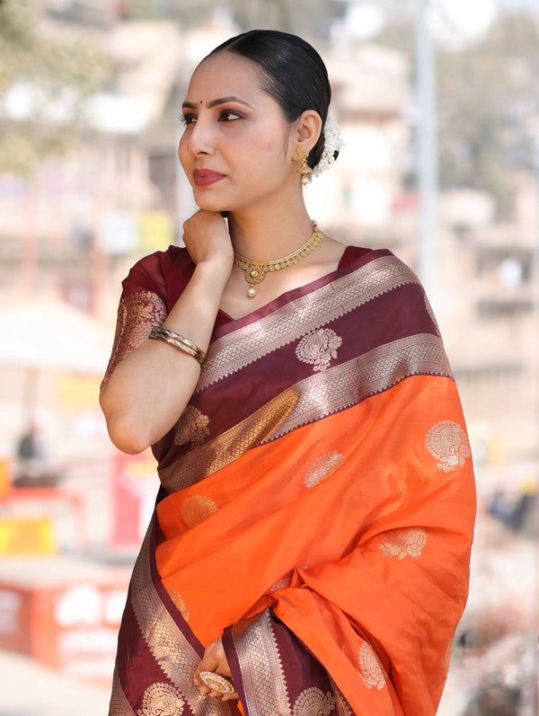 Banarasee Handloom Semi Silk Saree With Buta Design & Contrast Broad Border-Orange & Deep Maroon