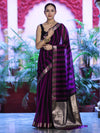 Banarasee Cotton Silk Saree With Stripes Pattern & Floral Zari Border-Violet & Black