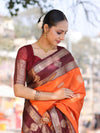 Banarasee Handloom Semi Silk Saree With Buta Design & Contrast Broad Border-Orange & Deep Maroon