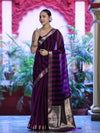 Banarasee Cotton Silk Saree With Stripes Pattern & Floral Zari Border-Violet & Black