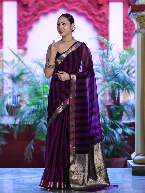 Banarasee Cotton Silk Saree With Stripes Pattern & Floral Zari Border-Violet & Black