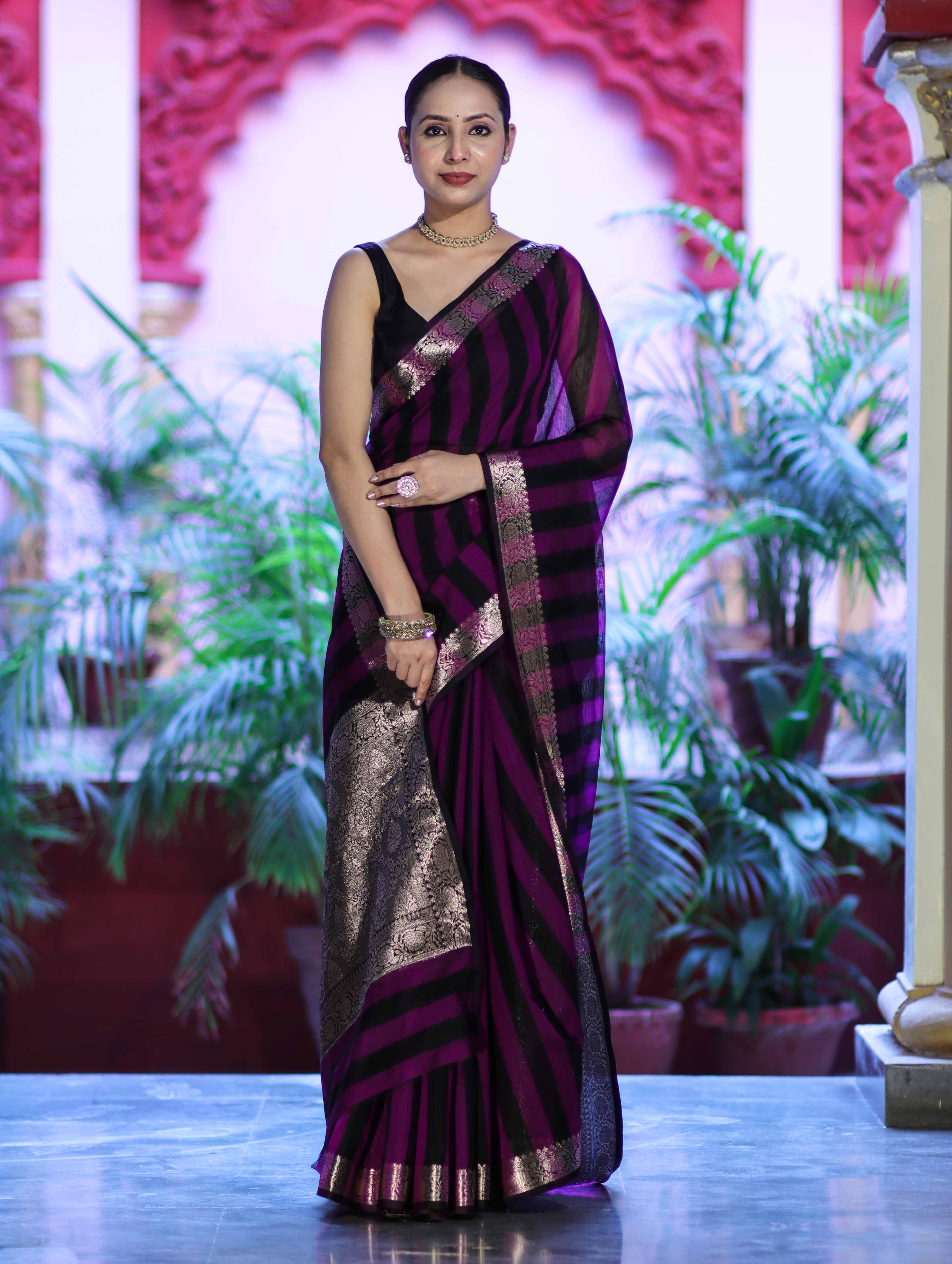 Banarasee Cotton Silk Saree With Stripes Pattern & Floral Zari Border-Violet & Black
