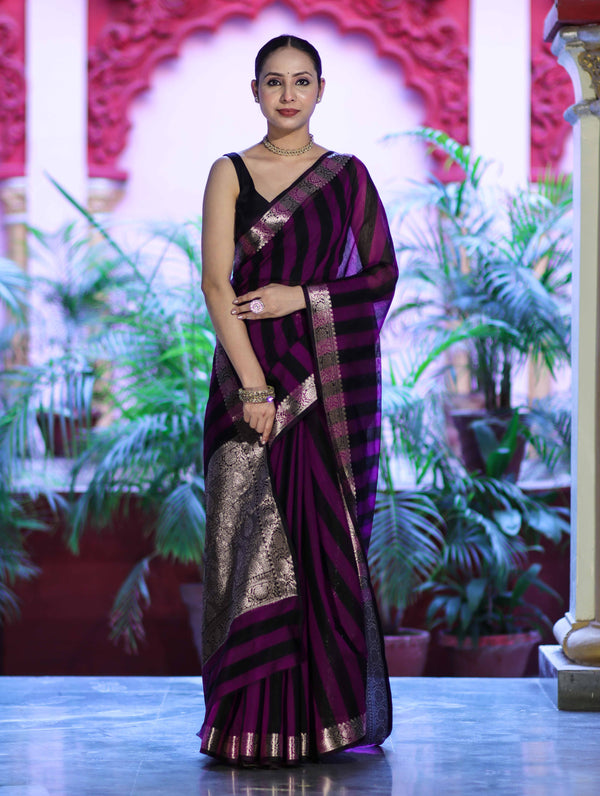 Banarasee Cotton Silk Saree With Stripes Pattern & Floral Zari Border-Violet & Black