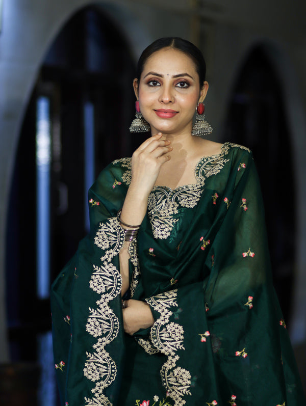 Banarasee Resham Embroidered Chanderi Salwar Kameez With Organza Dupatta Set-Green