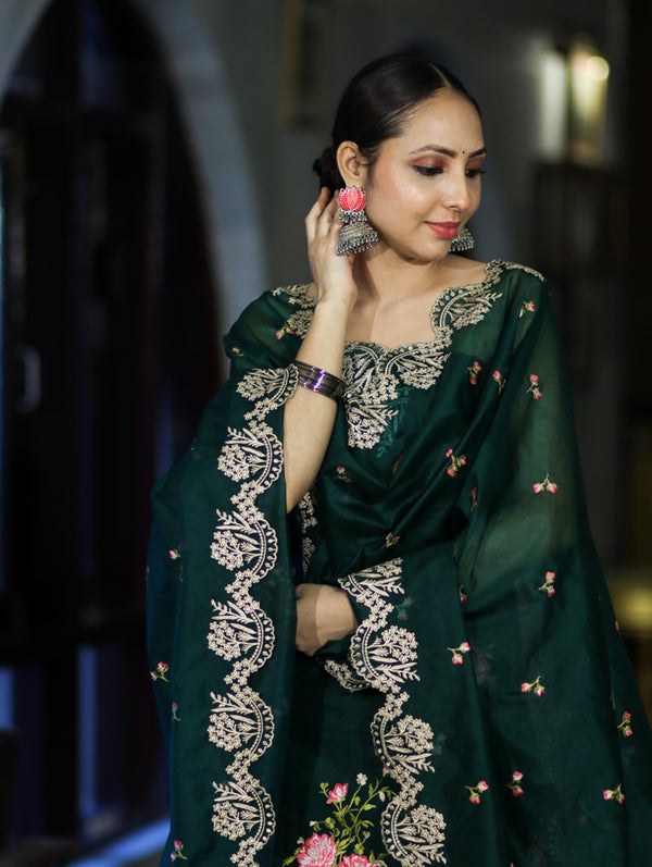 Banarasee Resham Embroidered Chanderi Salwar Kameez With Organza Dupatta Set-Green