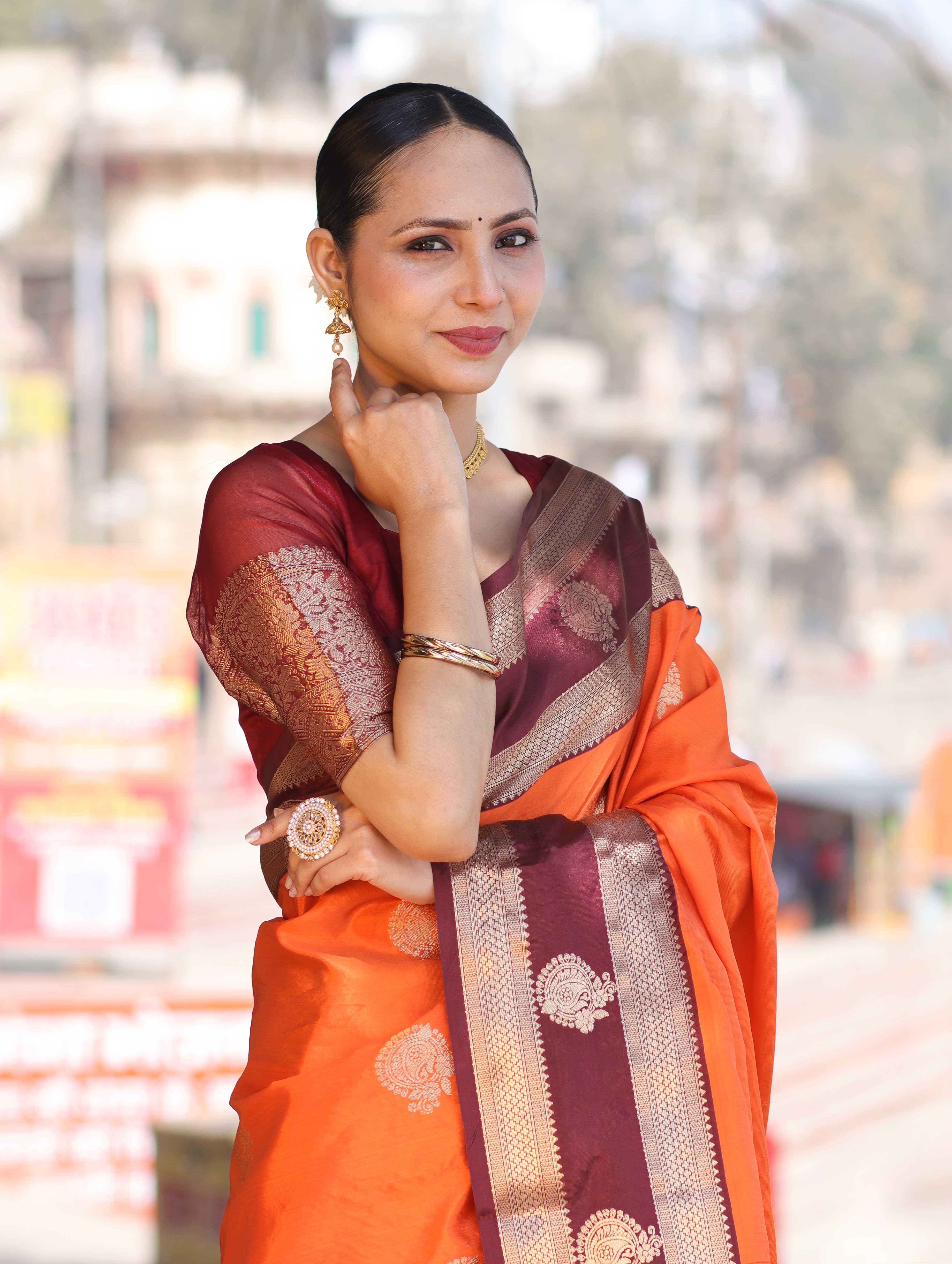 Banarasee Handloom Semi Silk Saree With Buta Design & Contrast Broad Border-Orange & Deep Maroon