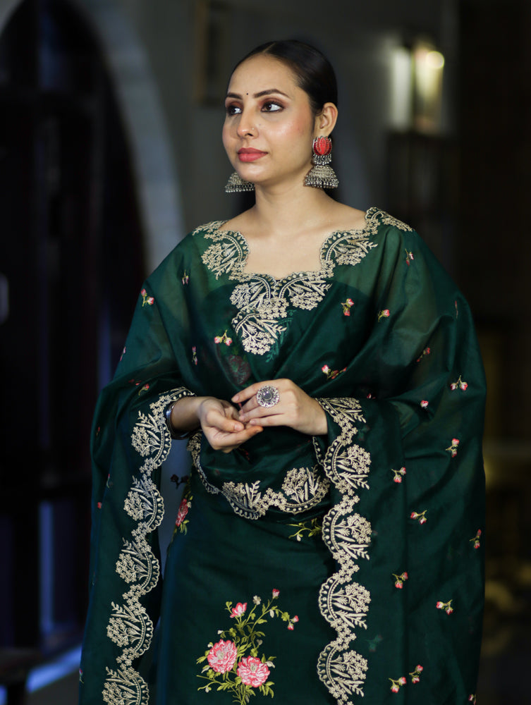 Banarasee Resham Embroidered Chanderi Salwar Kameez With Organza Dupatta Set-Green