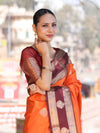 Banarasee Handloom Semi Silk Saree With Buta Design & Contrast Broad Border-Orange & Deep Maroon