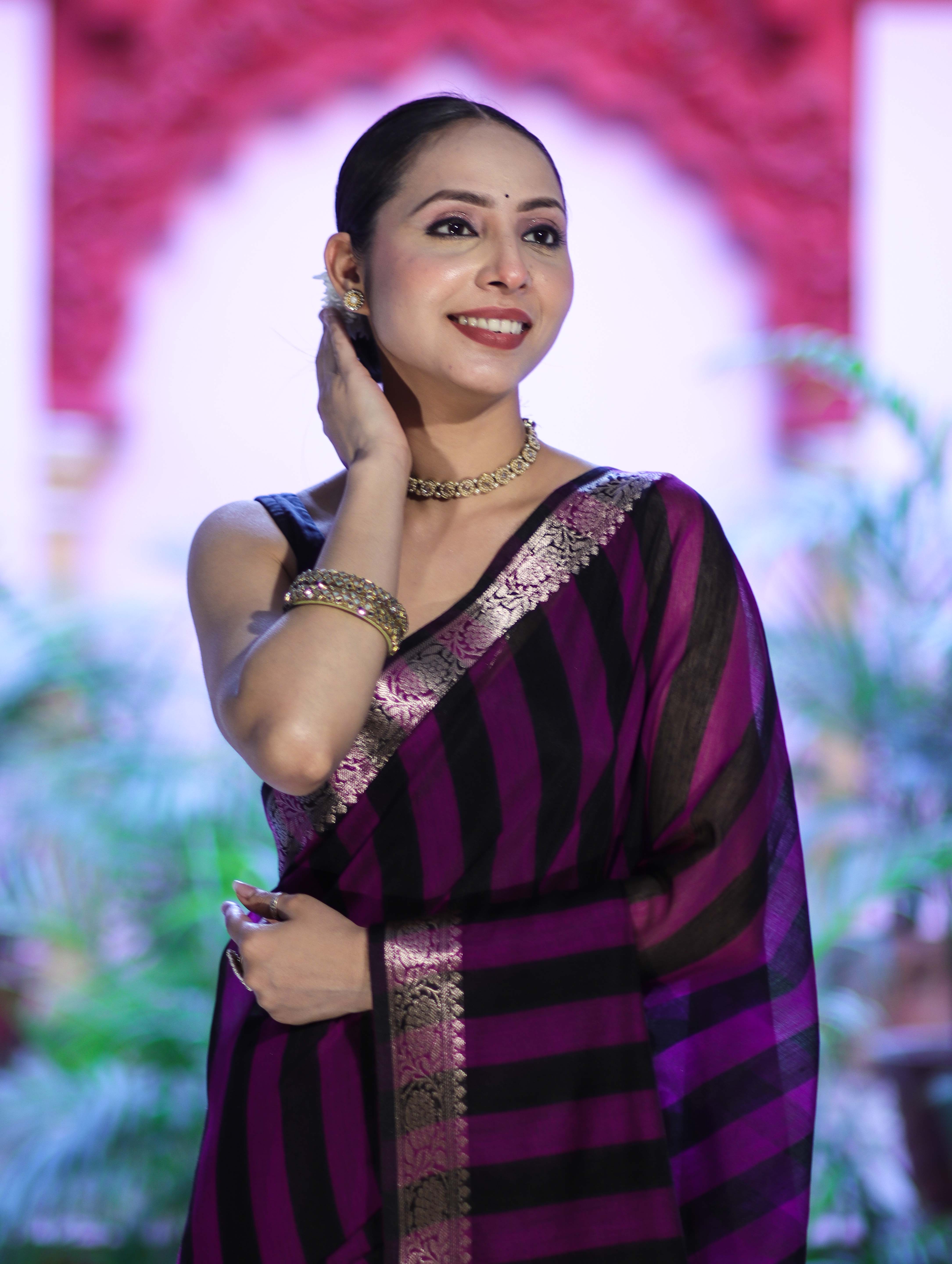 Banarasee Cotton Silk Saree With Stripes Pattern & Floral Zari Border-Violet & Black