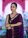 Banarasee Cotton Silk Saree With Stripes Pattern & Floral Zari Border-Violet & Black