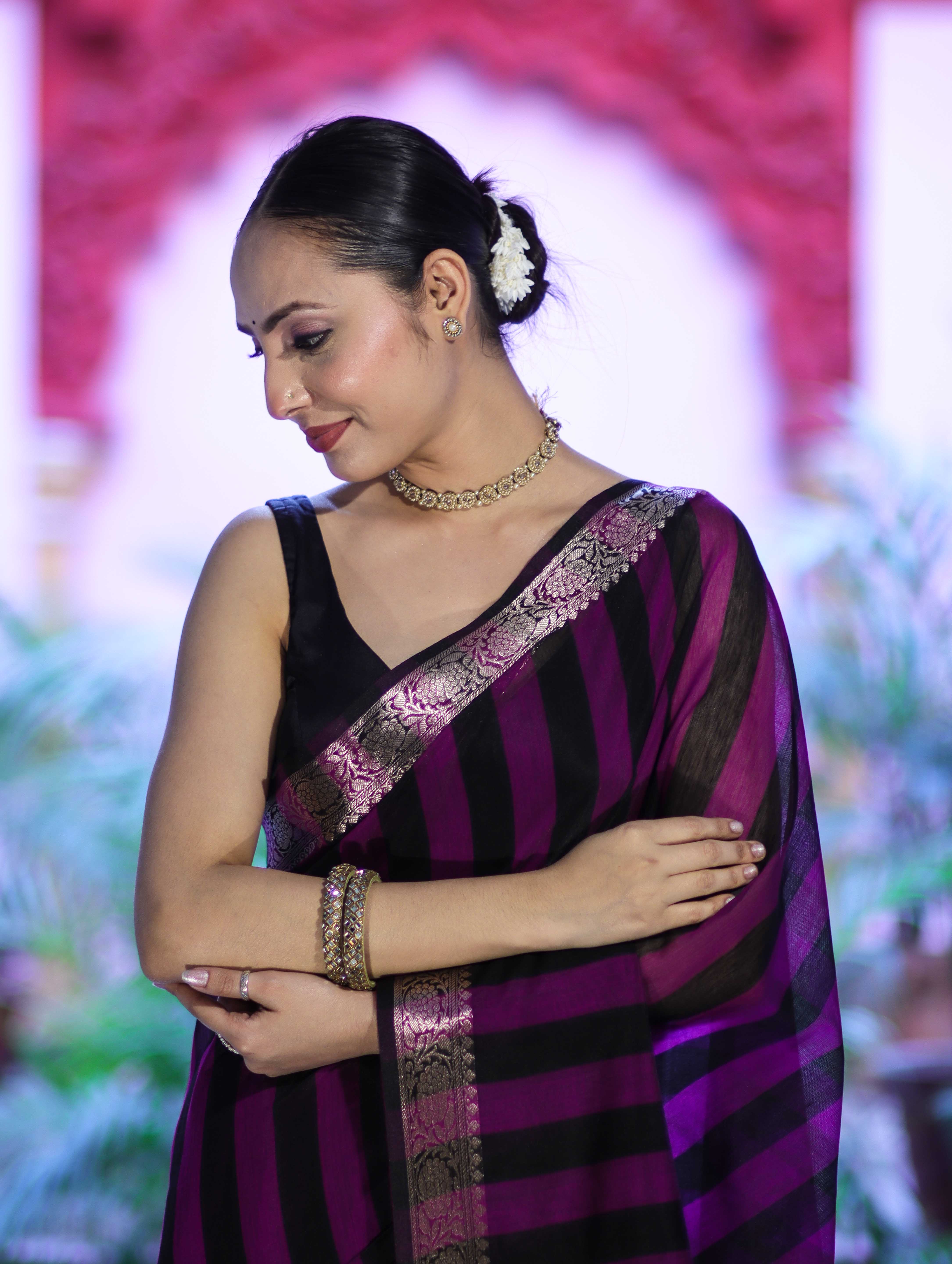 Banarasee Cotton Silk Saree With Stripes Pattern & Floral Zari Border-Violet & Black