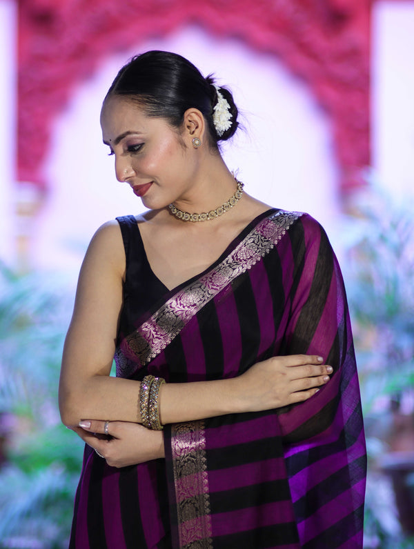 Banarasee Cotton Silk Saree With Stripes Pattern & Floral Zari Border-Violet & Black