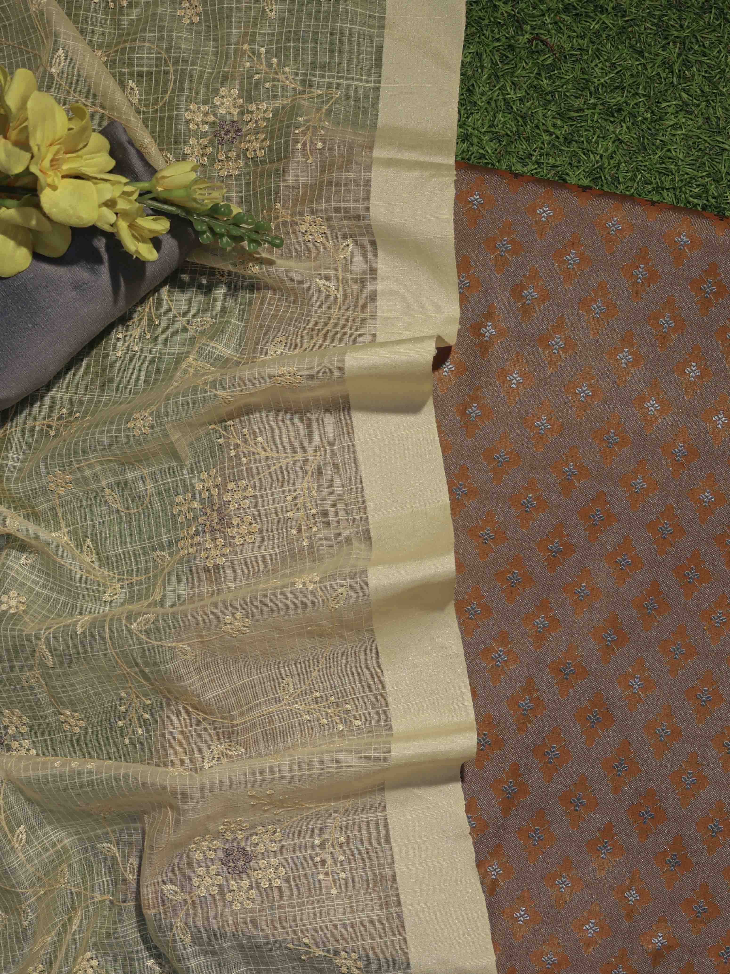 Banarasee Brocade Salwar Kameez Fabric With Contrast Dupatta Set-Mustard Yellow & Light Blue