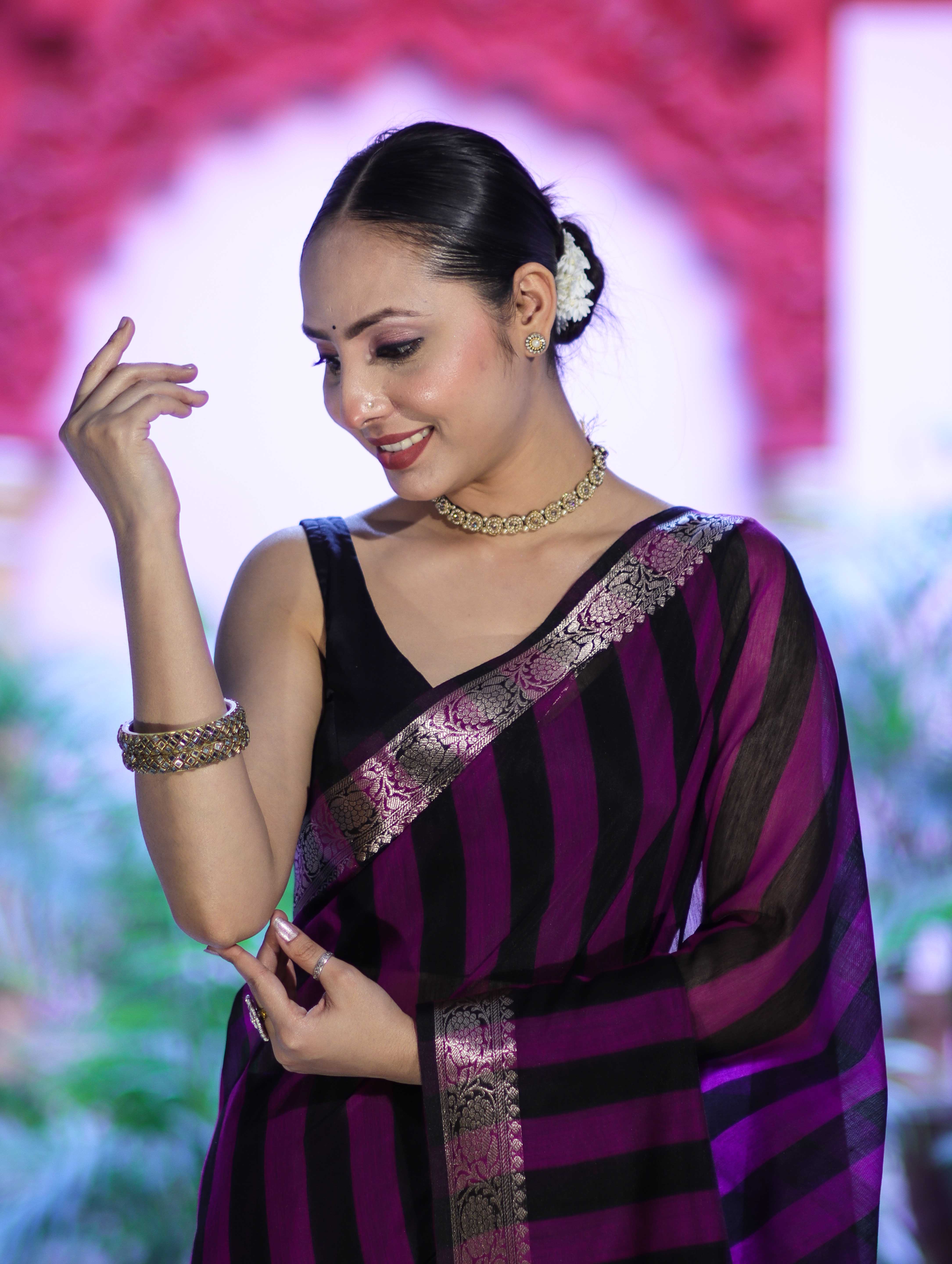 Banarasee Cotton Silk Saree With Stripes Pattern & Floral Zari Border-Violet & Black