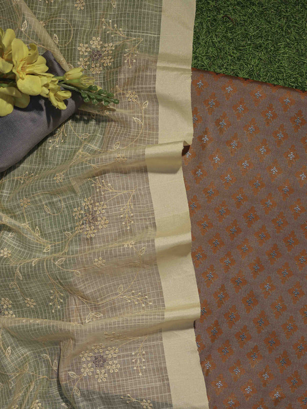 Banarasee Brocade Salwar Kameez Fabric With Contrast Dupatta Set-Mustard Yellow & Light Blue