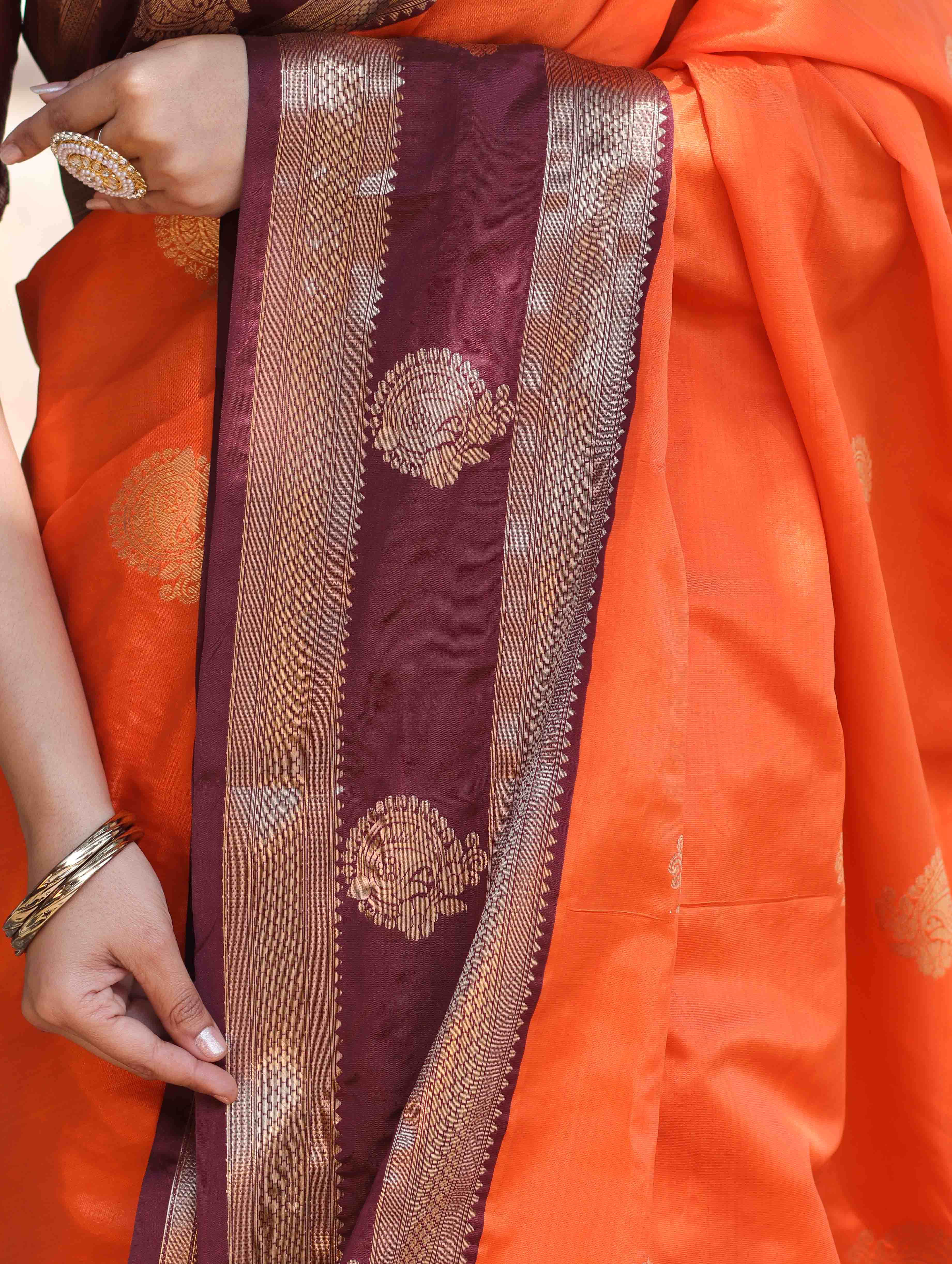 Banarasee Handloom Semi Silk Saree With Buta Design & Contrast Broad Border-Orange & Deep Maroon