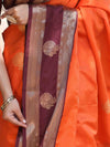 Banarasee Handloom Semi Silk Saree With Buta Design & Contrast Broad Border-Orange & Deep Maroon