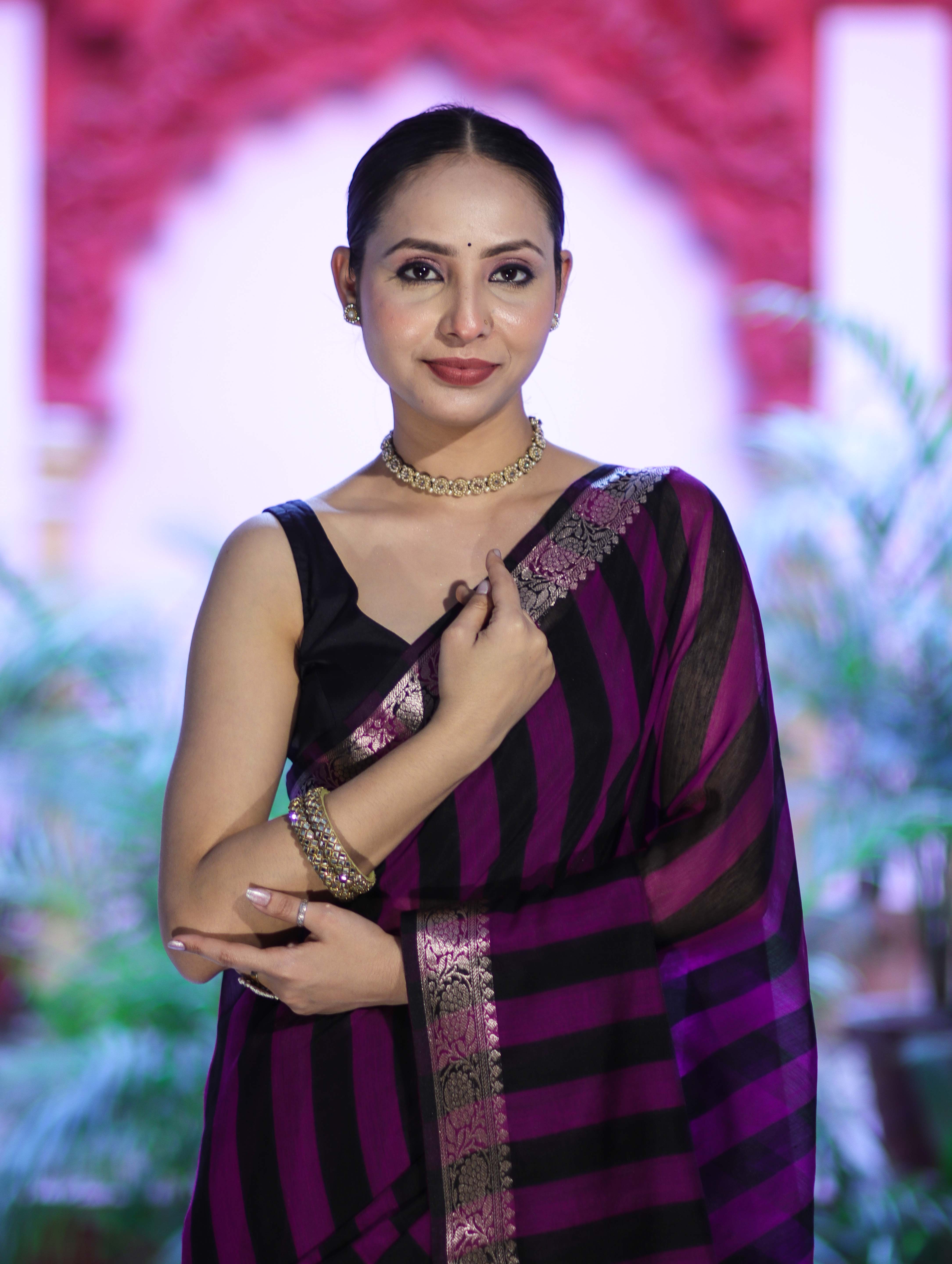 Banarasee Cotton Silk Saree With Stripes Pattern & Floral Zari Border-Violet & Black