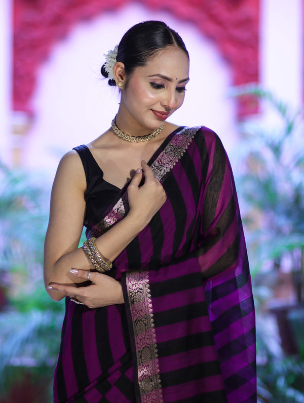 Banarasee Cotton Silk Saree With Stripes Pattern & Floral Zari Border-Violet & Black