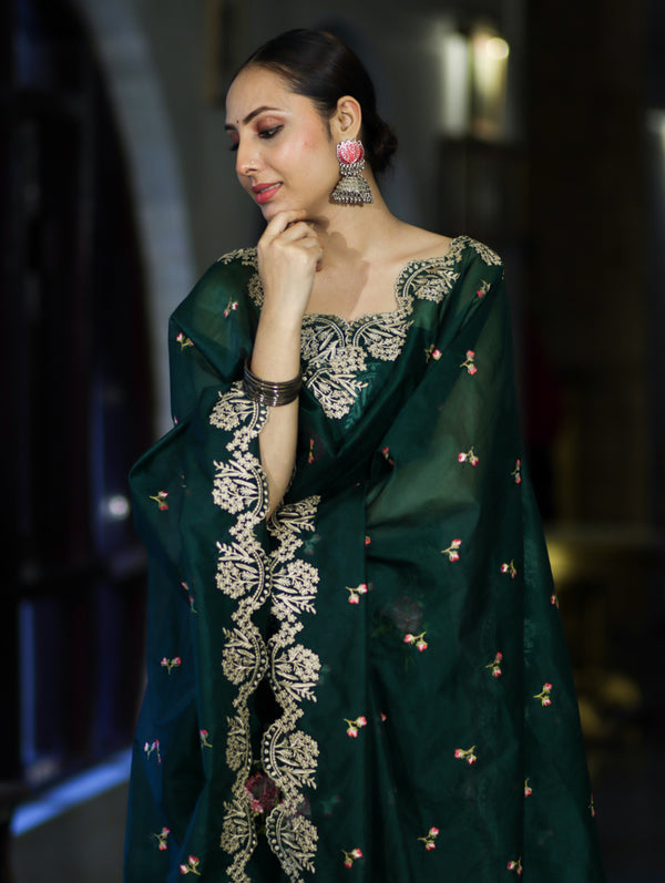 Banarasee Resham Embroidered Chanderi Salwar Kameez With Organza Dupatta Set-Green