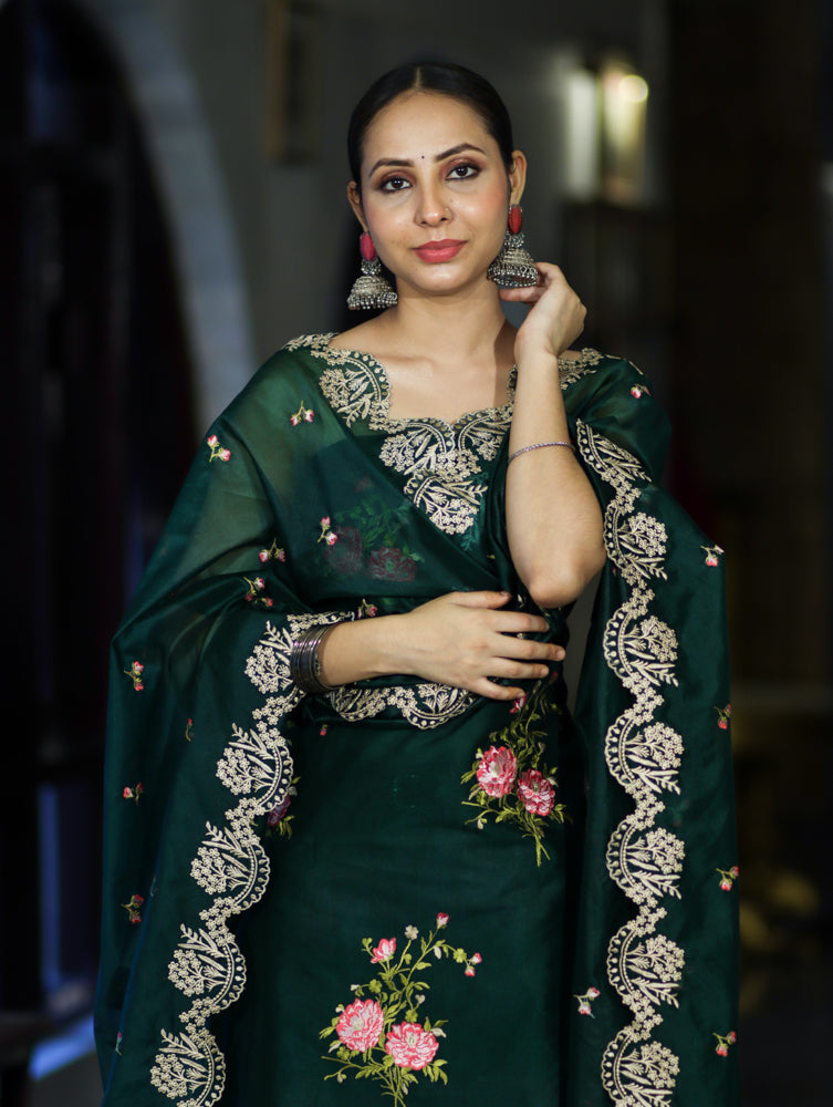 Banarasee Resham Embroidered Chanderi Salwar Kameez With Organza Dupatta Set-Green