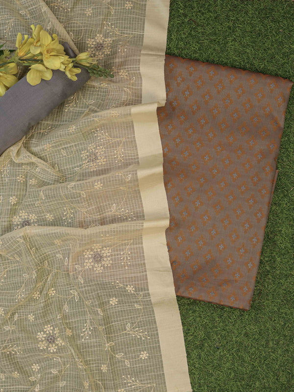 Banarasee Brocade Salwar Kameez Fabric With Contrast Dupatta Set-Mustard Yellow & Light Blue