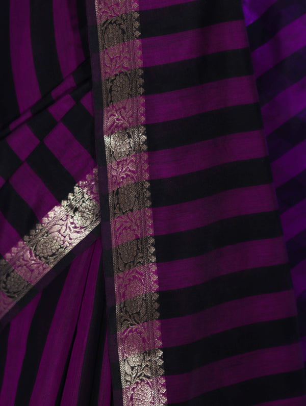 Banarasee Cotton Silk Saree With Stripes Pattern & Floral Zari Border-Violet & Black