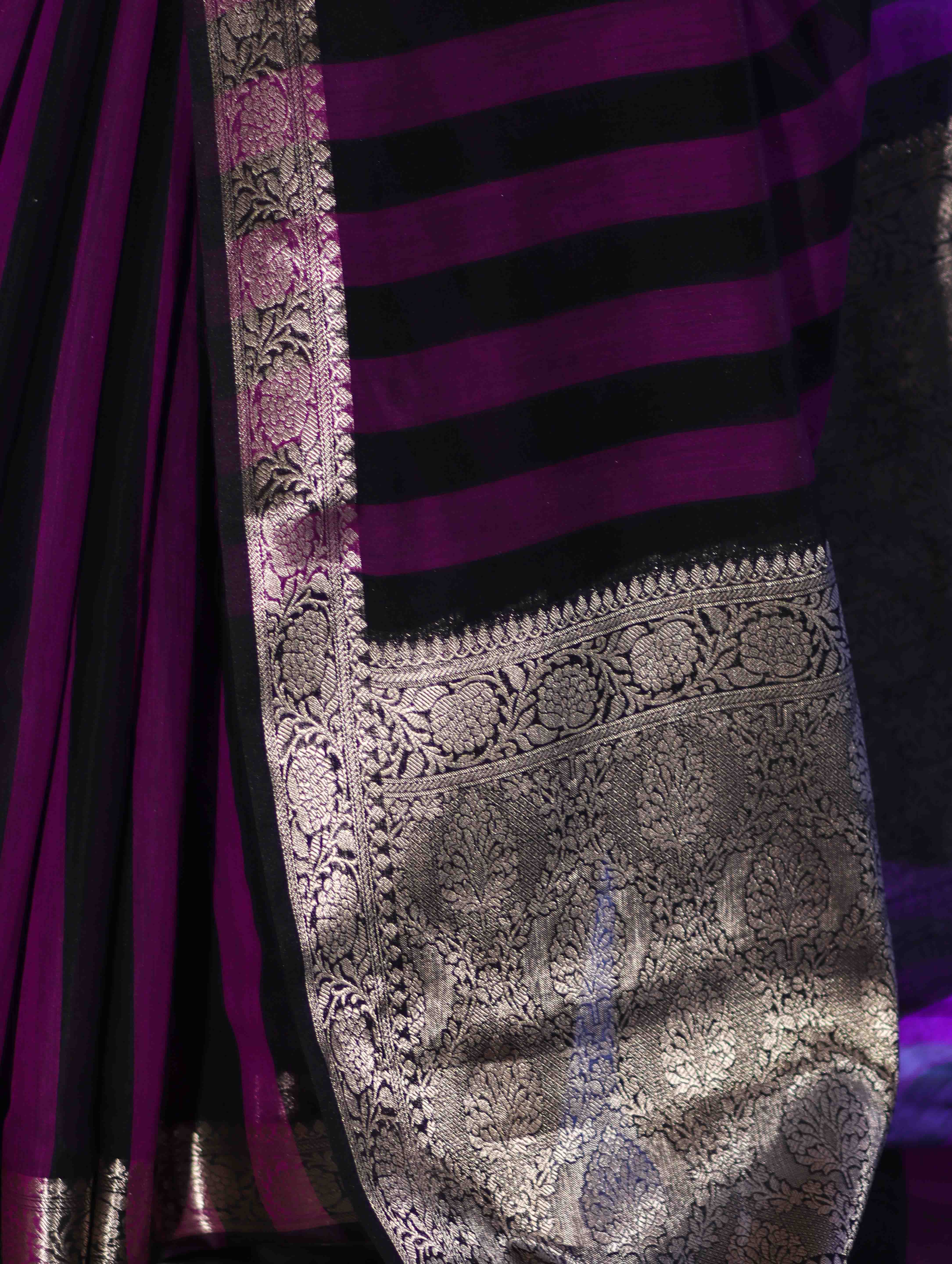 Banarasee Cotton Silk Saree With Stripes Pattern & Floral Zari Border-Violet & Black