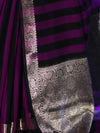 Banarasee Cotton Silk Saree With Stripes Pattern & Floral Zari Border-Violet & Black