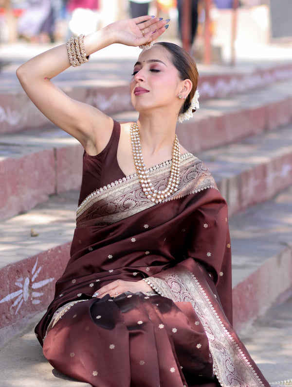 Banarasee Handloom Semi Silk Saree With Buti Design Gold Zari Border & Lace-Brown