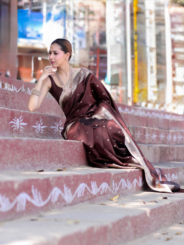 Banarasee Handloom Semi Silk Saree With Buti Design Gold Zari Border & Lace-Brown