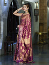 Banarasee Handloom Shimmer Silk Saree With Zari Jaal Design Floral Border & Lace-Violet