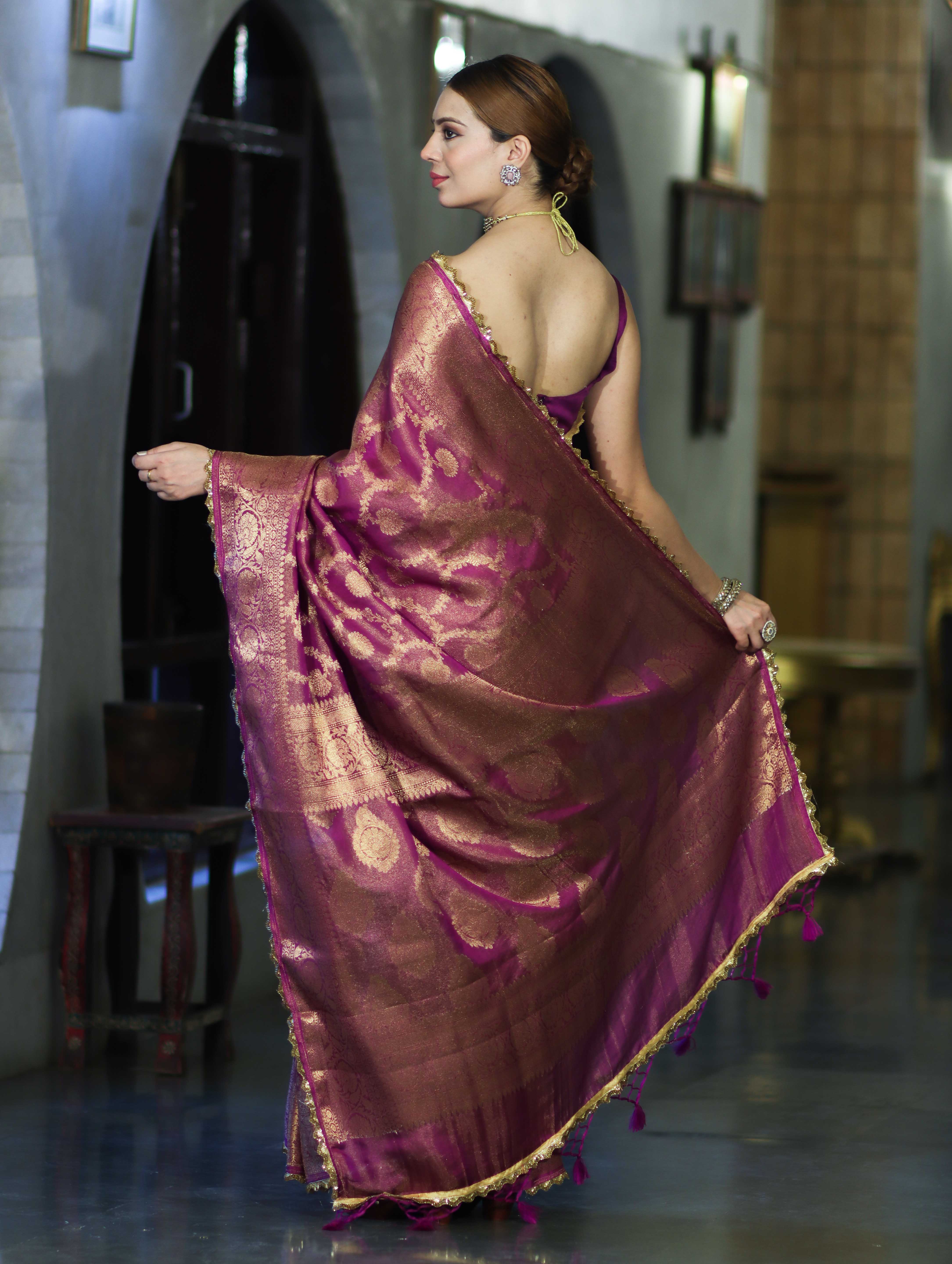 Banarasee Handloom Shimmer Silk Saree With Zari Jaal Design Floral Border & Lace-Violet