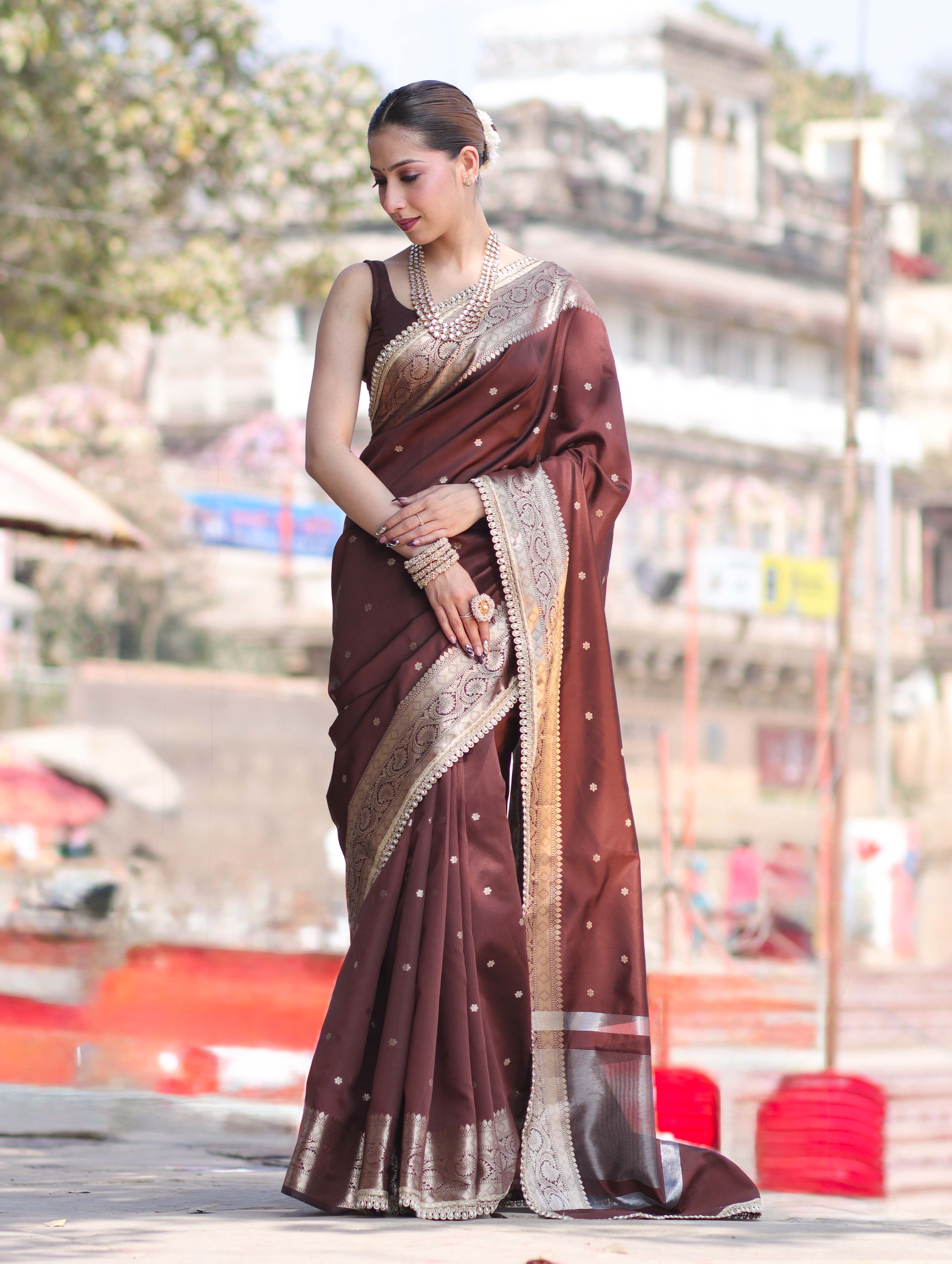 Banarasee Handloom Semi Silk Saree With Buti Design Gold Zari Border & Lace-Brown