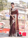 Banarasee Handloom Semi Silk Saree With Buti Design Gold Zari Border & Lace-Brown