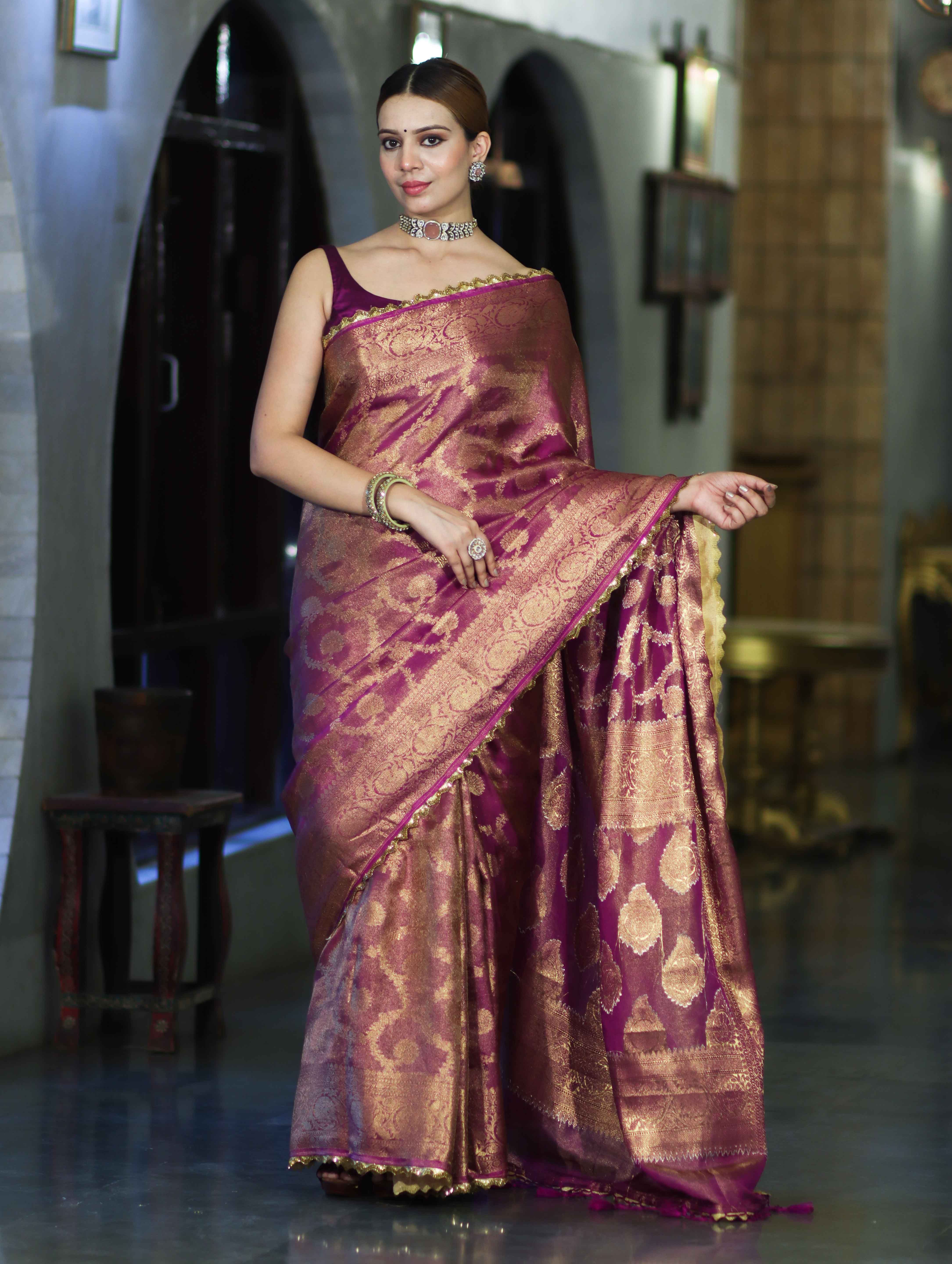 Banarasee Handloom Shimmer Silk Saree With Zari Jaal Design Floral Border & Lace-Violet