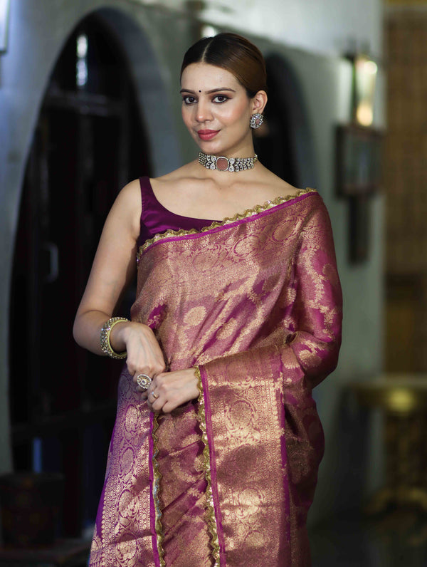 Banarasee Handloom Shimmer Silk Saree With Zari Jaal Design Floral Border & Lace-Violet