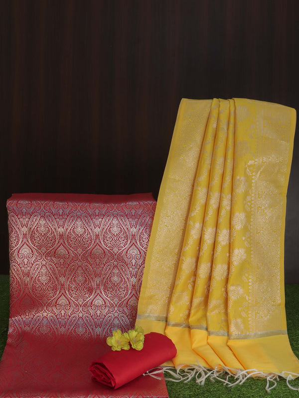 Banarasee Art Silk Salwar Kameez Fabric With Contrast Semi Silk Dupatta Set-Red & Yellow