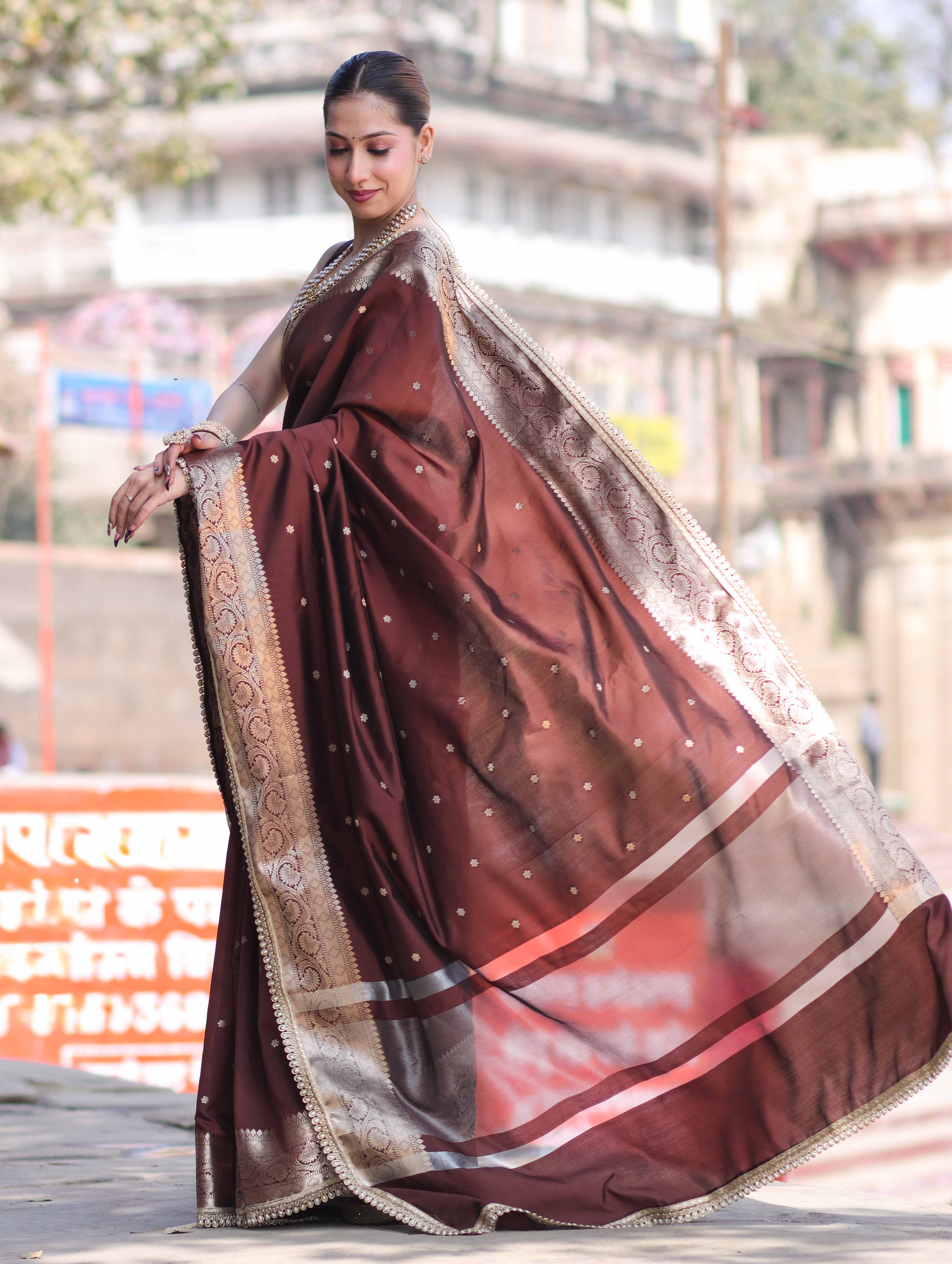 Banarasee Handloom Semi Silk Saree With Buti Design Gold Zari Border & Lace-Brown